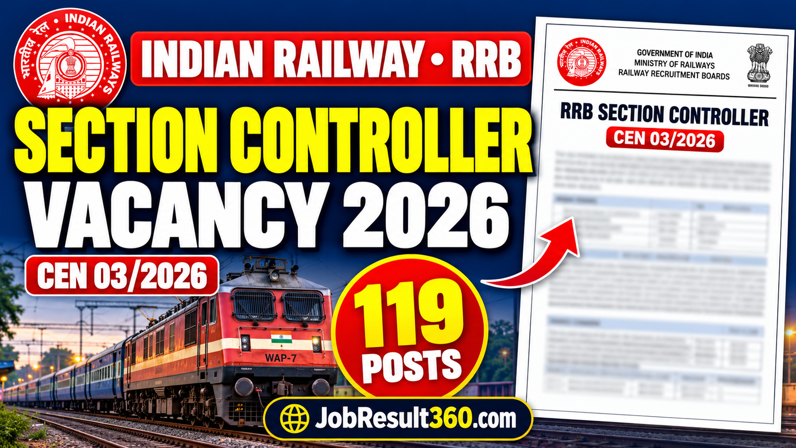 RRB Section Controller CEN 03/2026 Vacancy 2026 for 119 posts - JobResult360.com